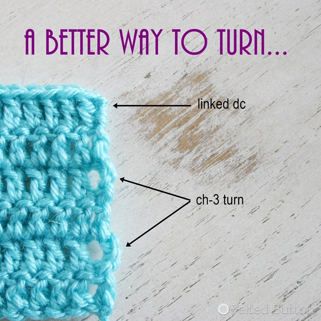 How to make a dc turn using linked double crochet, tutorial for neater crochet edges  by Susan Carlson of Felted Button colorful crochet patterns