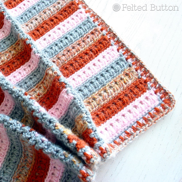 Rust, pink and neutrals striped and paneled blanket, Arlington Blanket crochet afghan pattern by Susan Carlson of Felted Button | Colorful Crochet Patterns
