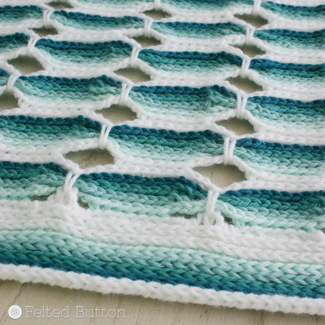 Ombre teal striped crochet blanket, Candy Stick Blanket crochet pattern, by Susan Carlson of Felted Button | Colorful Crochet Patterns