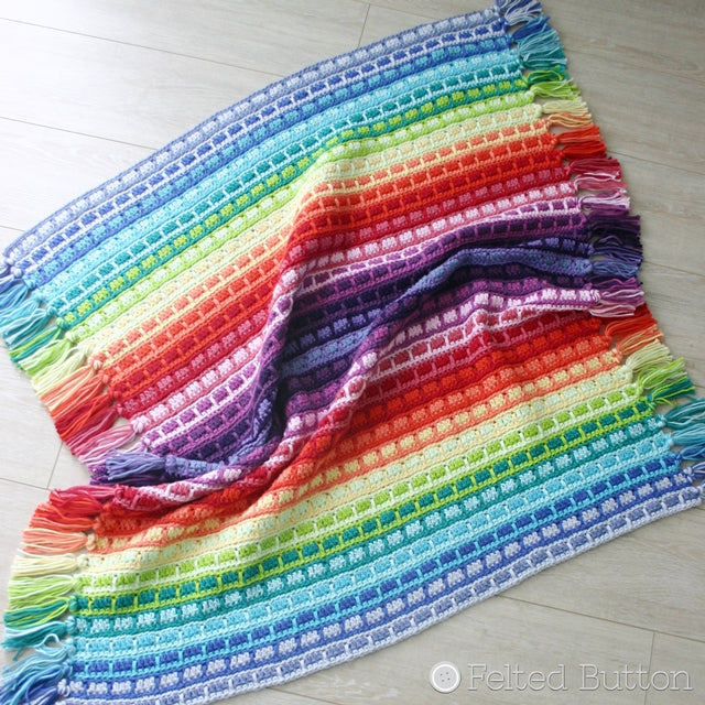 Color Reel Blanket, crochet throw or afghan pattern, in Hobby Lobby, I Love This Cotton yarn, rainbow baby crochet pattern by Susan Carlson of Felted Button | Colorful Crochet Patterns