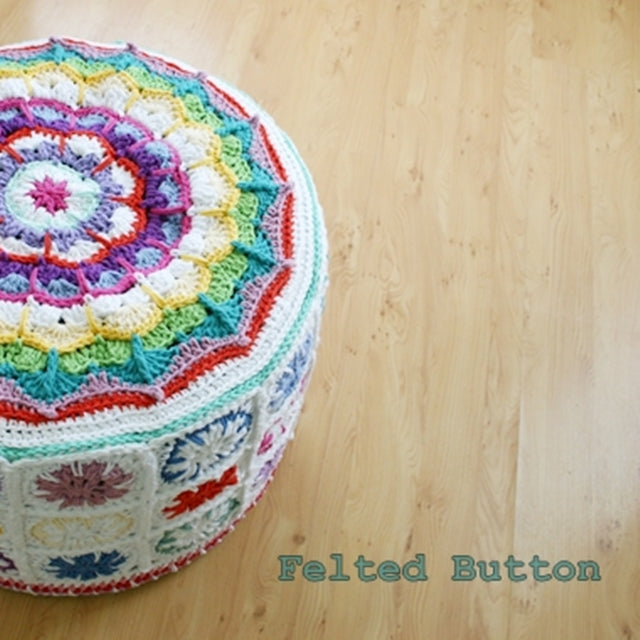 Colorful mandala and granny square crochet footstool cover, by Susan Carlson of Felted Button | Colorful Crochet Patterns
