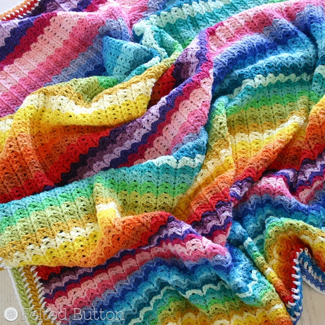 Illuminations Blanket crochet afghan or throw pattern by Susan Carlson of Felted Button | Colorful Crochet Patterns, rainbow striped blanket using Scheepjes Cotton 8
