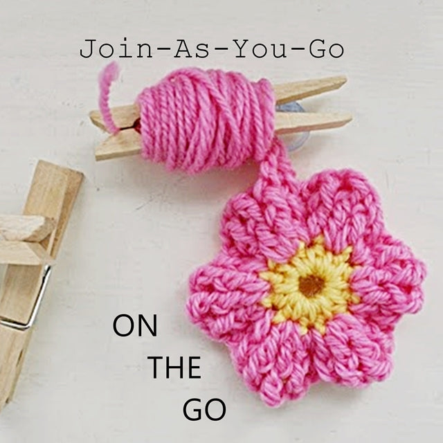 Join as you go on the go, pink crochet flower with tail wrapped around clothespin, crochet tip or tutorial by Susan Carlson of Felted Button | Colorful Crochet Patterns