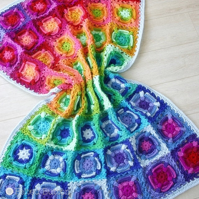 Kaleidoscope Eyes Blanket, bright rainbow baby blanket crochet pattern, textured granny squares by Susan Carlson of Felted Button | Colorful Crochet Patterns, Willow Wash Yarn