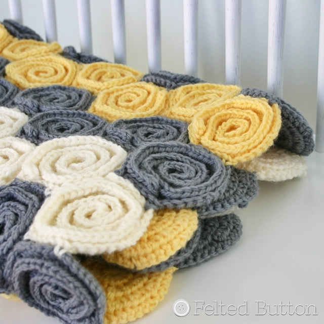 Gray and yellow swirl rug, Let's Twirl Blanket and Rug, Susan Carlson of Felted Button | Colorful Crochet Patterns