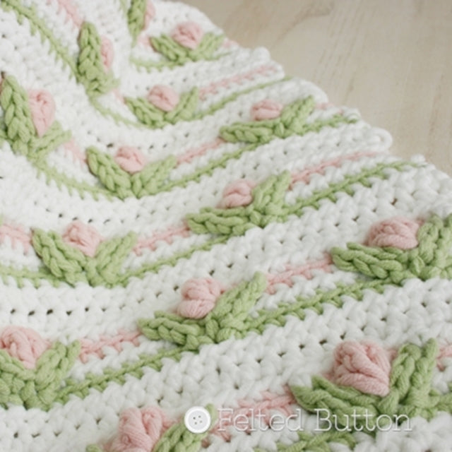 Pink, green and white flowers crochet blanket or pillow pattern by Susan Carlson of Felted Button | Colorful Crochet Patterns, Little Dutch Girl 
