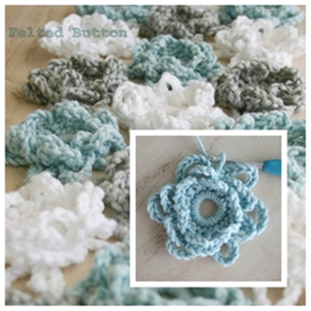 Free crochet pattern Loopsy Daisy Coverlet and Shawl with blue gray and white flowers, by Susan Carlson of Felted Button | Colorful Crochet Patterns