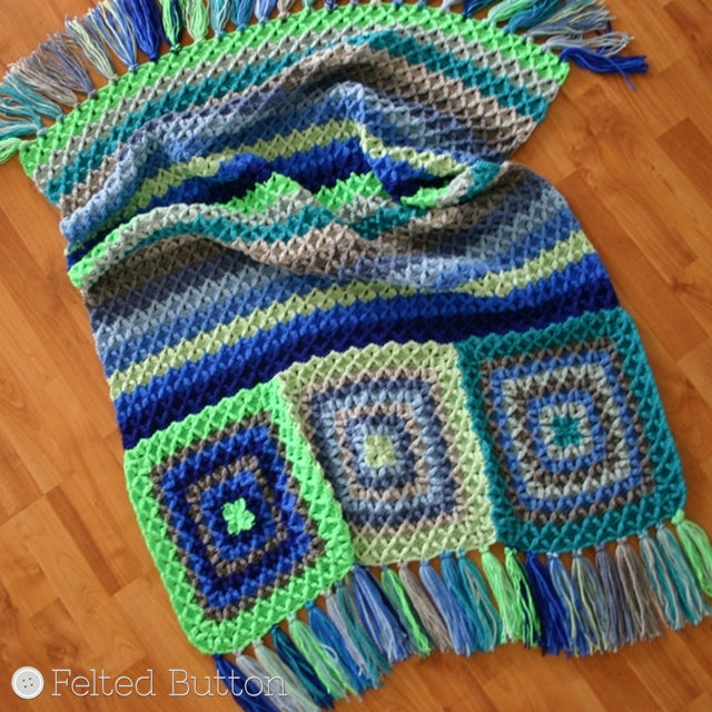 Blues and greens, textured blanket in stripes and granny squares; Parrotlet's Flight Blanket by Susan Carlson | Felted Button | Colorful Crochet Patterns