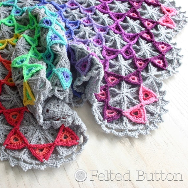 Layered triangles with rainbow of colorful triangles after neutral base triangles, Prism Blanket, crochet afghan pattern  by Susan Carlson of Felted Button colorful crochet patterns