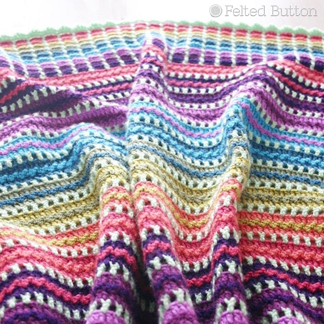 Skittles Blanket, Rainbow striped and textured crochet blanket in Jewel tones, free crochet pattern by Susan Carlson of Felted Button colorful crochet patterns 