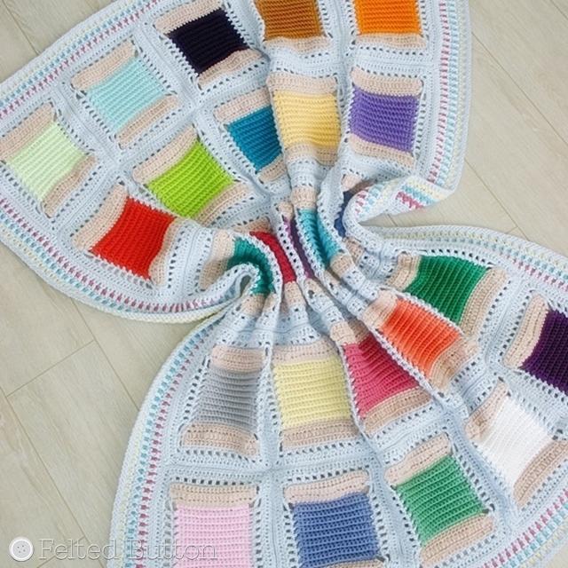 Cotton crochet blanket that resembles spools of colorful thread, pattern by Susan Carlson of Felted Button | Colorful Crochet Patterns, Spoolin Around Blanket