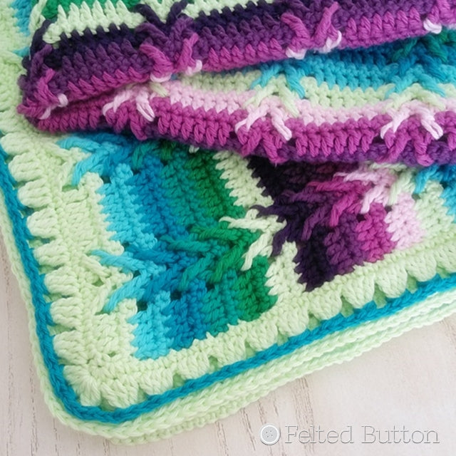 This Way Blanket, crochet pattern of striped and textured cotton afghan in turquoise, green and purple, crochet pattern by Susan Carlson of Felted Button | Colorful Crochet Patterns