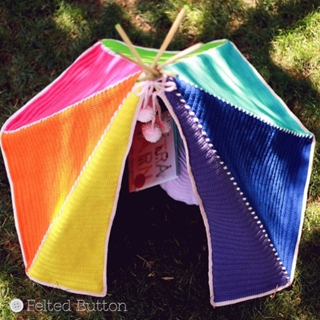 Toddler Tent in rainbow sections, crochet pattern of teepee by Susan Carlson of Felted Button | Colorful Crochet Patterns