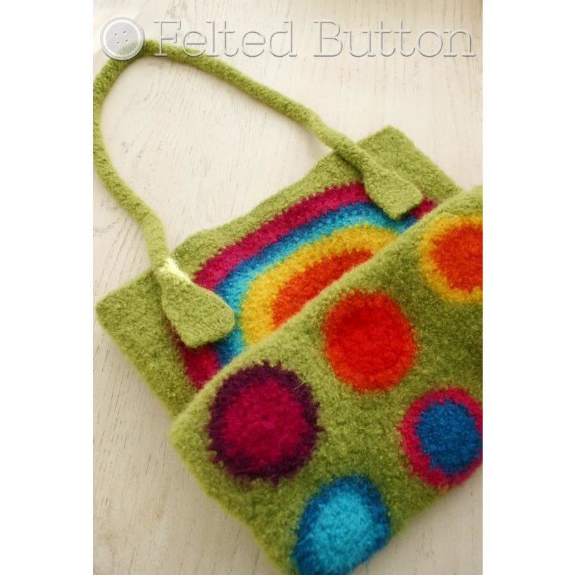 It's Stashing Tote | Crochet Bag Pattern  | Felted Button, crochet pattern for rainbow, boho, colorful felted tote bag or purse made with 100% feltable wool with button closure