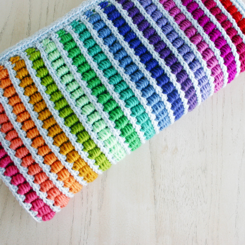 Abacus Blanket | Crochet Afghan Pattern | Felted Button, colorful rainbow striped blanket