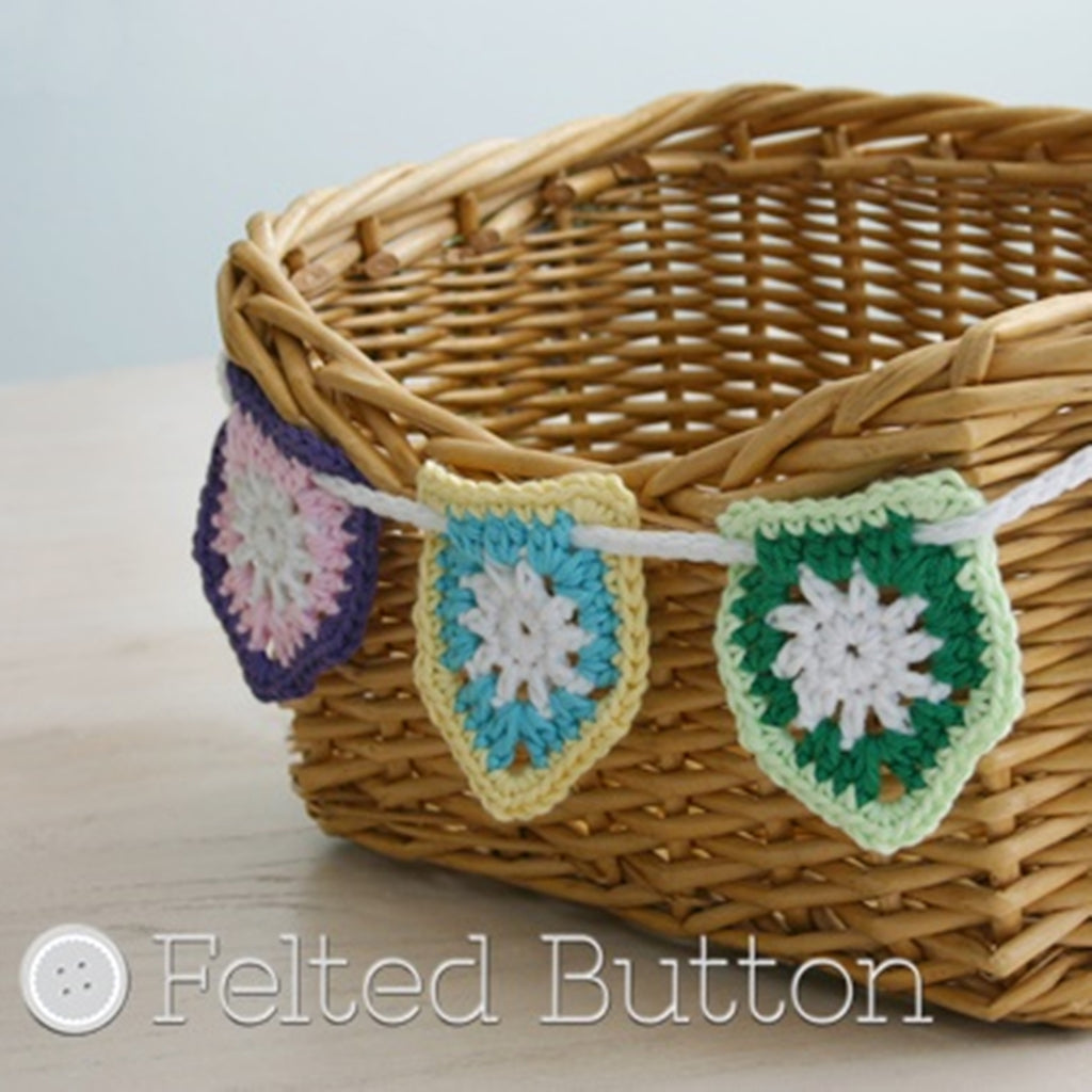 Colorful bunting or garland for bike basket or hanging in home, Bike Basket Bunting colorful crochet pattern by Susan Carlson of Felted Button, free