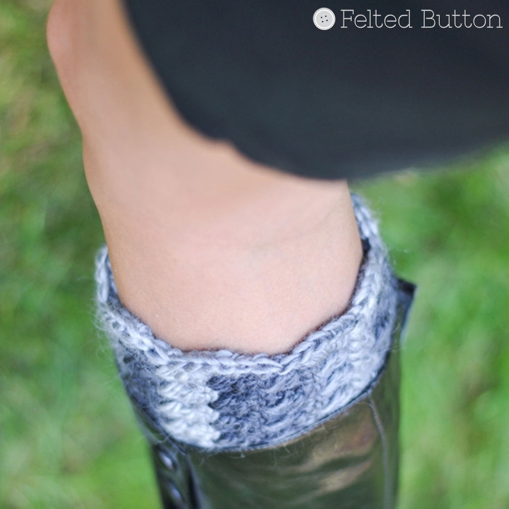 Boot cuff topper on grass, crochet pattern by Susan Carlson of Felted Button