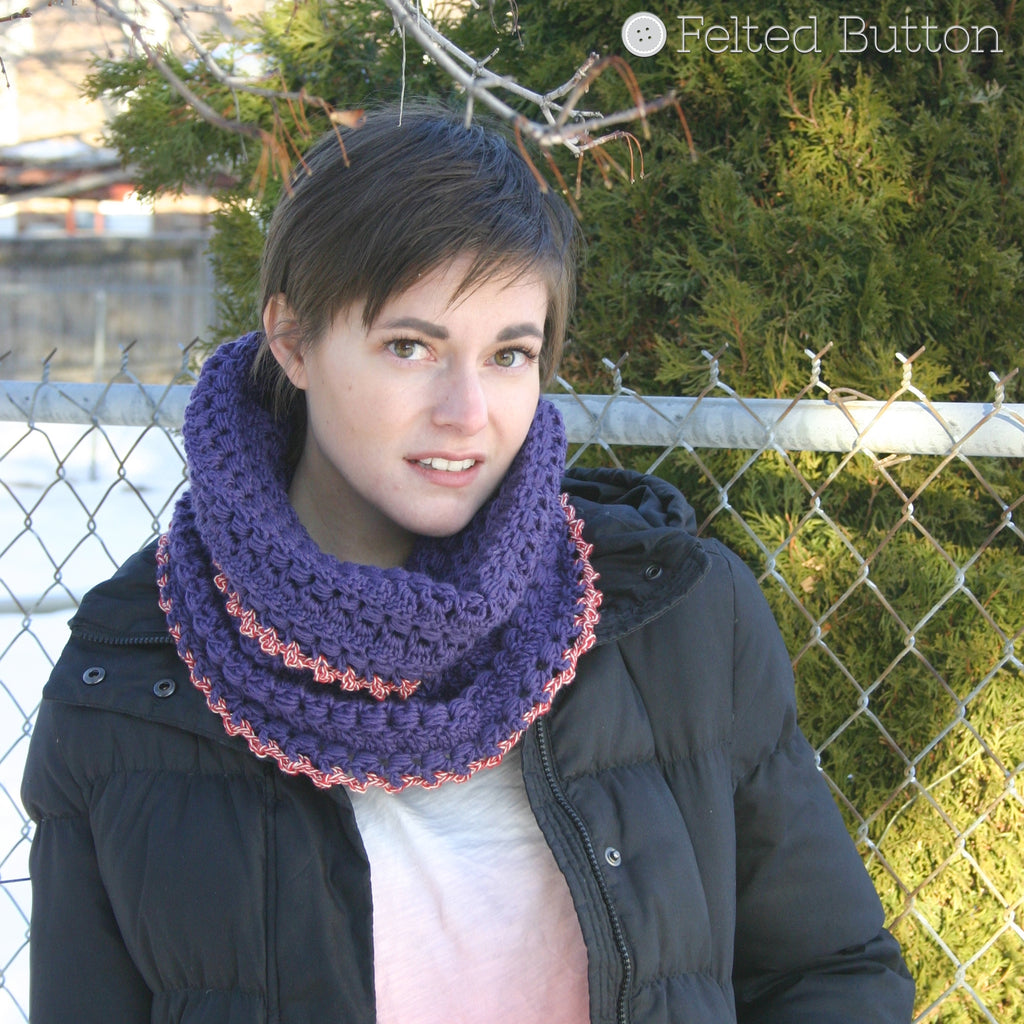 Red and purple textured crochet cowl or hood, pattern by Susan Carlson of Felted Button, colorful
