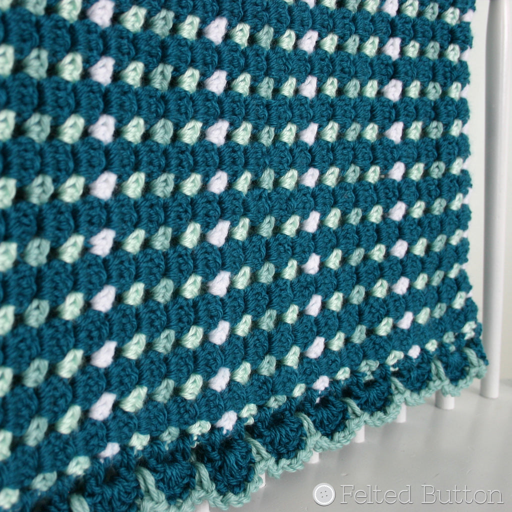 Teal and ombre color crochet blanket with scalloped edging, crochet pattern by Susan Carlson of Felted Button