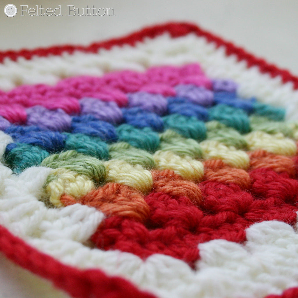 Rainbow striped granny square motif, Granny Stripe Squared motif crochet pattern by Susan Carlson of Felted Button