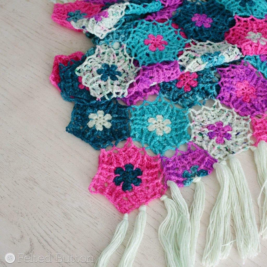 Pink and turquoise textured crochet wrap with tassels, Haarlem Wrap crochet pattern by Susan Carlson of Felted Button