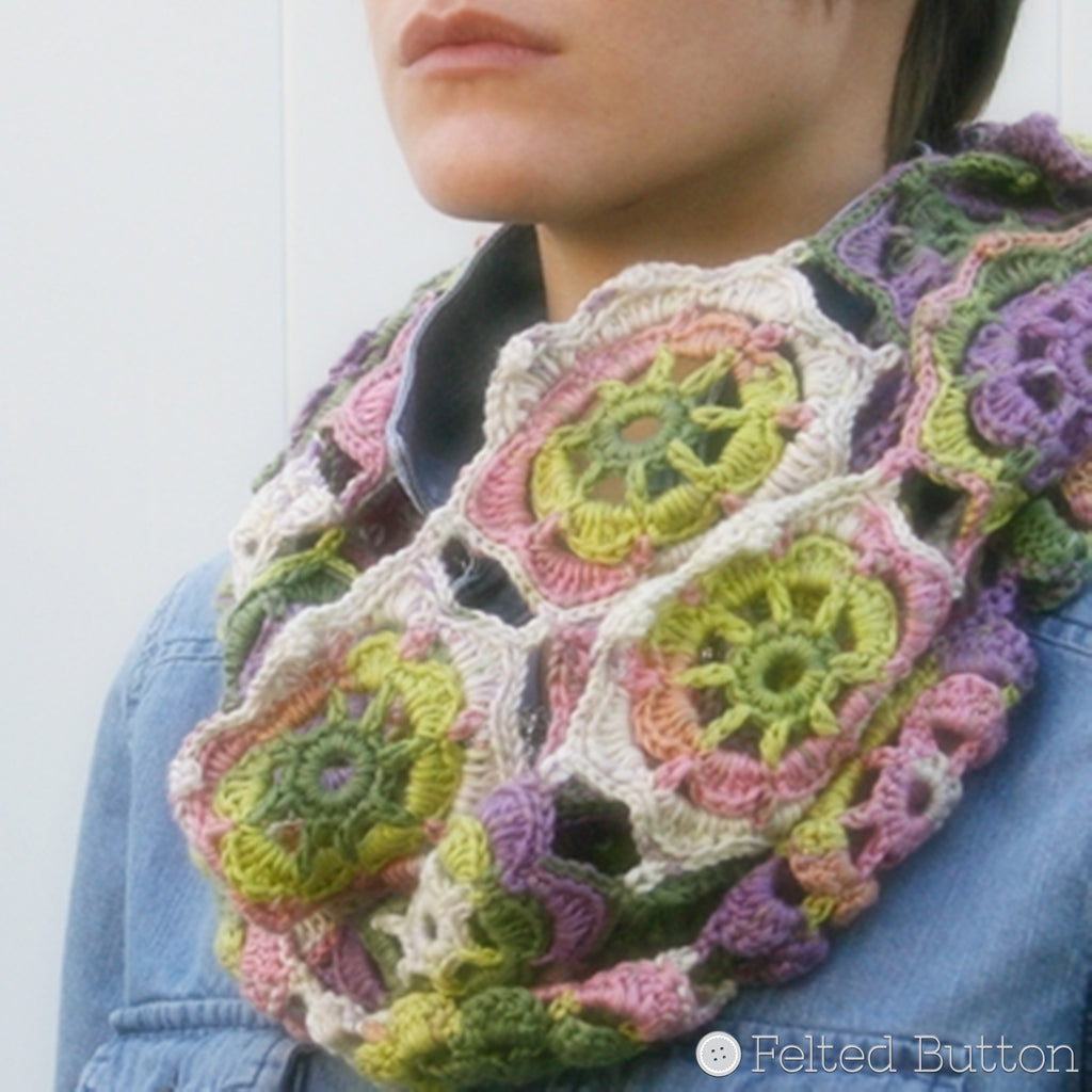 Pink, green and purple lacey crochet motif cowl or scarf, Infinity Blossom Cowl by Susan Carlson of Felted Button, colorful