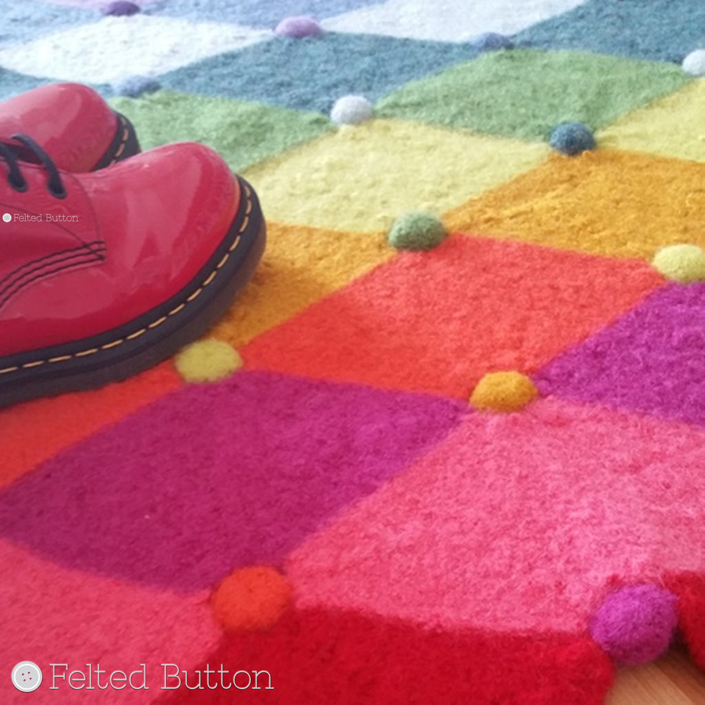 Diamond, harlequin rainbow felted rug with textured colorful dots, Jolly Jester Rug crochet felting pattern by Susan Carlson of Felted Button