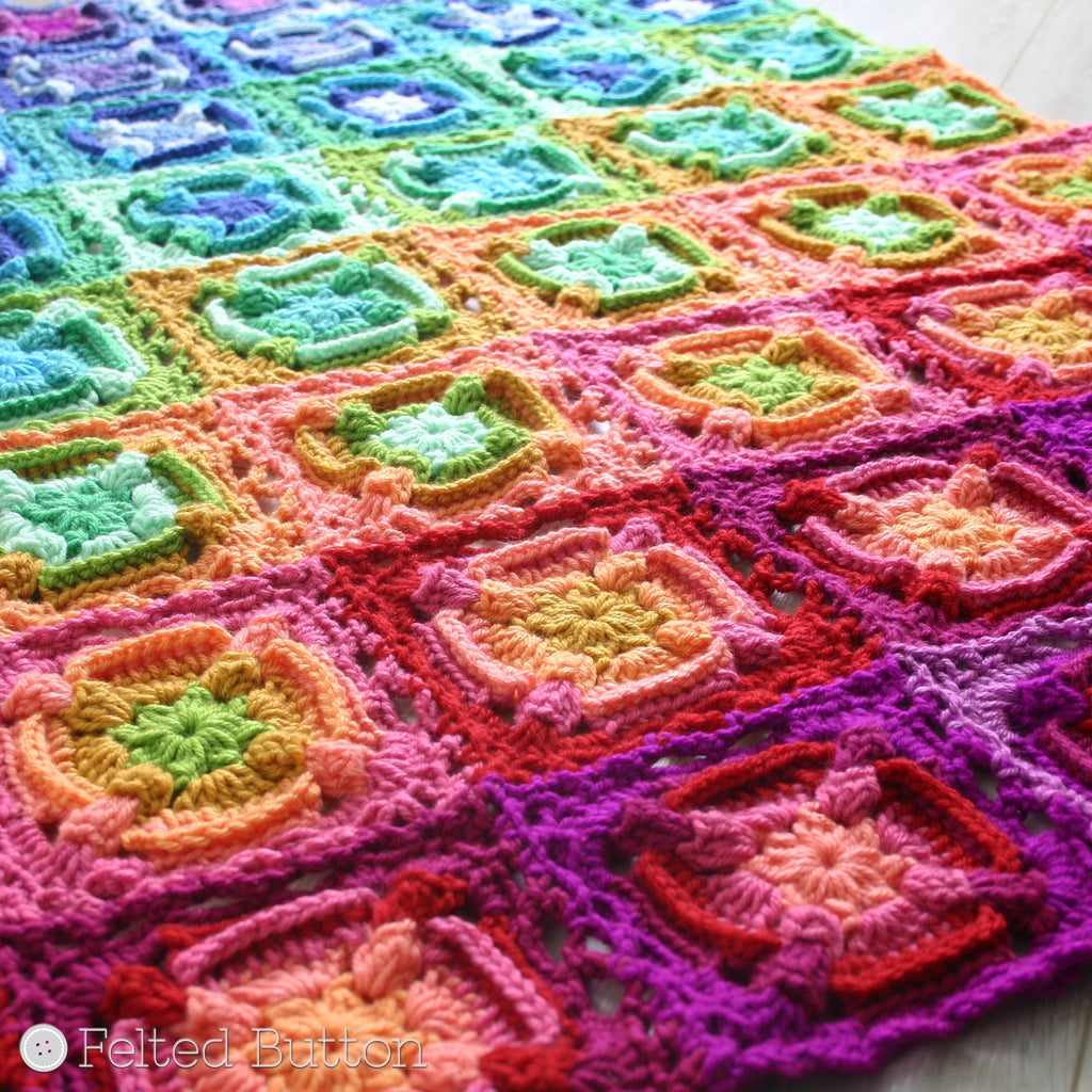Rainbow textured granny square blanket or afghan, Kaleidoscope Eyes Blanket crochet pattern by Susan Carlson of Felted Button