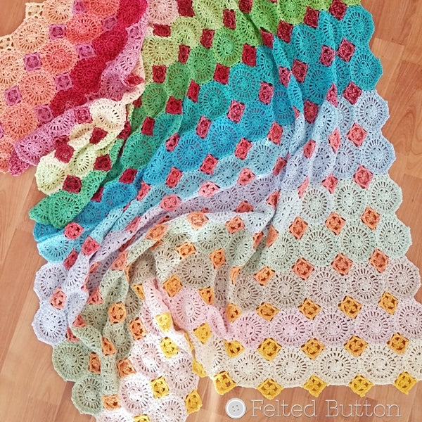 Soft pastel rainbow sherbet-like crochet heirloom blanket, Lightfall Blanket by Susan Carlson of Felted Button, colorful crochet patterns