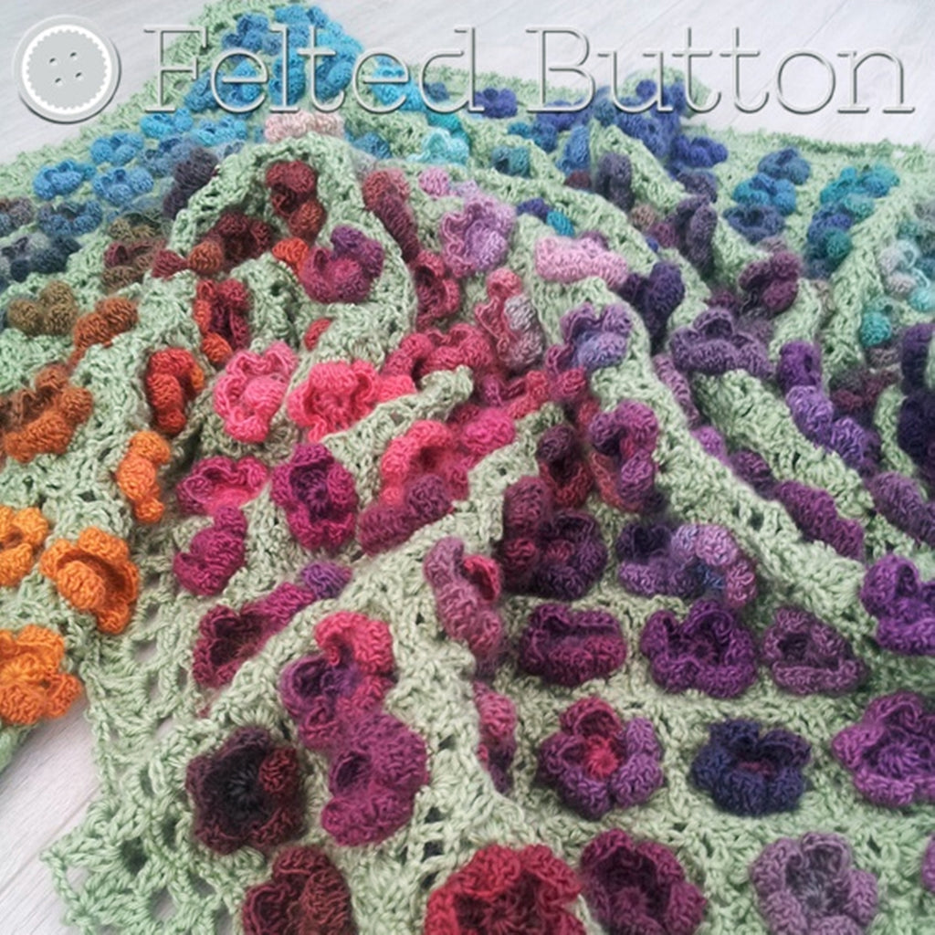 Flower textured crochet blanket in rainbow of colors, Monet's Garden Throw, crochet afghan pattern by Susan Carlson of Felted Button