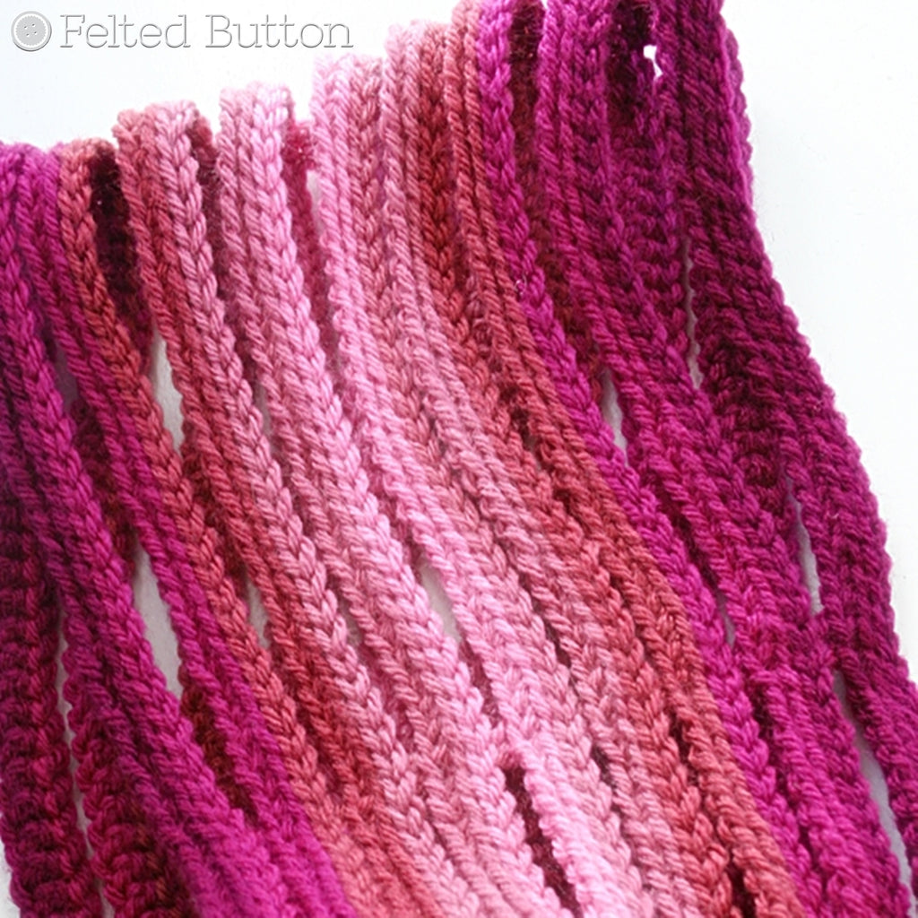 Dark pink to soft pinks back to dark pink ombre cowl necklace crocheted, Ombre String Cowl colorful crochet pattern by Susan Carlson of Felted Button
