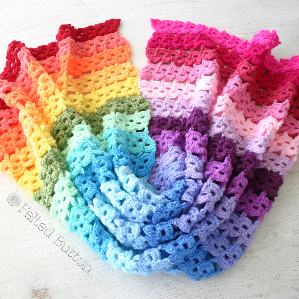 Rainbow crochet blanket in stripes, Pansy Parade Blanket colorful crochet pattern by Susan Carlson of Felted Button
