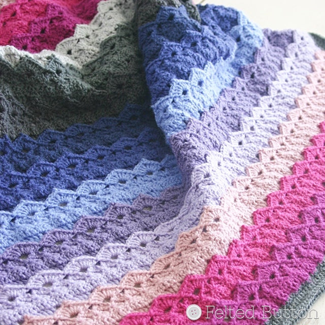 Pink purple blue and grey modern crochet blanket with mini crowns, Royal Icing Blanket crochet afghan pattern by Susan Carlson of Felted Button