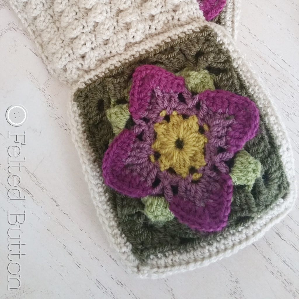Natural scarf with floral granny squares at both ends for fastening, modern crochet anthropologie, Structured Rock Cress Scarf crochet pattern by Susan Carlson of Felted Button