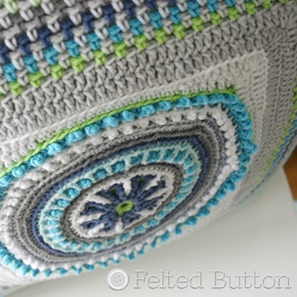 3 ,modern and graphic crochet pillows in gray, blue and white, Taking Shape Pillows crochet pattern for square pillows by Susan Carlson of Felted Button