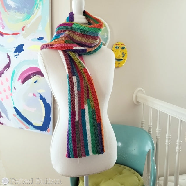 Striped multicolored scarf, 5th Dimension Scarf, free crochet pattern by Susan Carlson of Felted Button colorful crochet patterns 