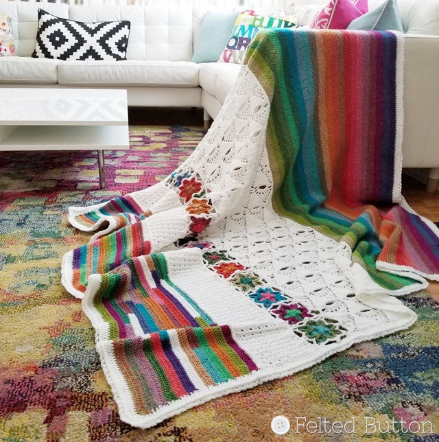 5th Dimension Blanket, crochet pattern with 5 panels of colorful motifs and stripes designed by Susan Carlson of Felted Button | Colorful Crochet Patterns