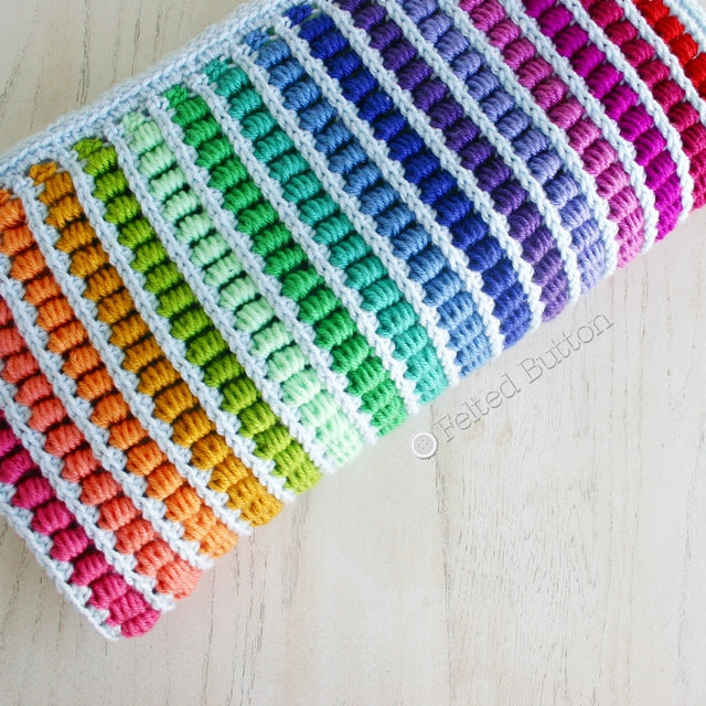 Abacus Blanket crochet afghan rainbow baby blanket pattern by Susan Carlson of Felted Button | Colorful Crochet Patterns, mock bullions