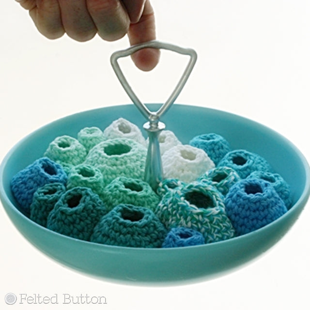 Barnacle Bowl, turquoise crochet barnacles in vintage turquoise bowl, crochet art by Susan Carlson of Felted Button | Colorful Crochet Patterns