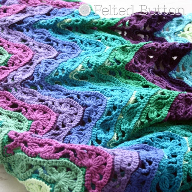 Lacey ripple crochet blanket in purples and greens, Brighton Blanket free crochet afghan or throw pattern by Susan Carlson of Felted Button | Colorful Crochet Patterns, Hobby Lobby I Love This Cotton yarn