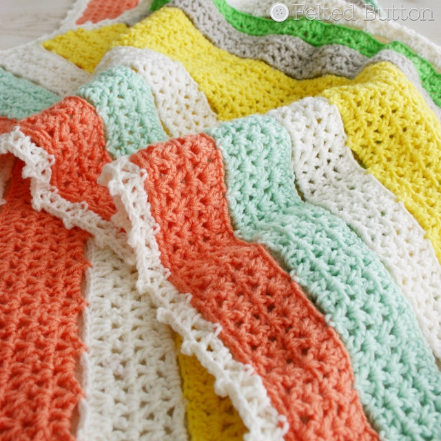 Orange, geen, yellow and white crochet blanket in stripes, Citrus Stripe Blanket for babies, afghan by Susan Carlson of Felted Button | Colorful Crochet Patterns