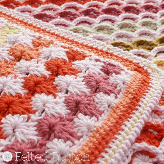 Pink, orange and yellow crochet blanket, Confections Blanket crochet afghan pattern by Susan Carlson of Felted Button | Colorful Crochet Patterns
