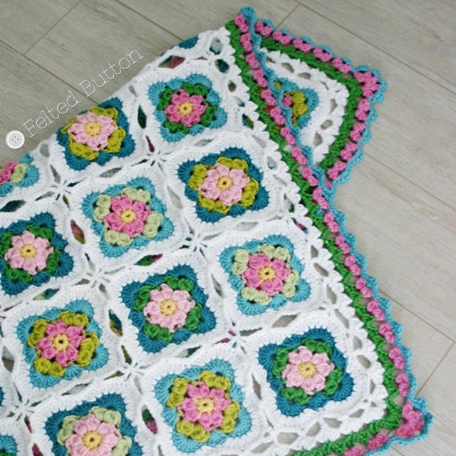 Cottage Garden Blanket, crochet throw or afghan pattern in pinks and greens with granny squares, crochet pattern by Susan Carlson of Felted Button | Colorful Crochet Patterns