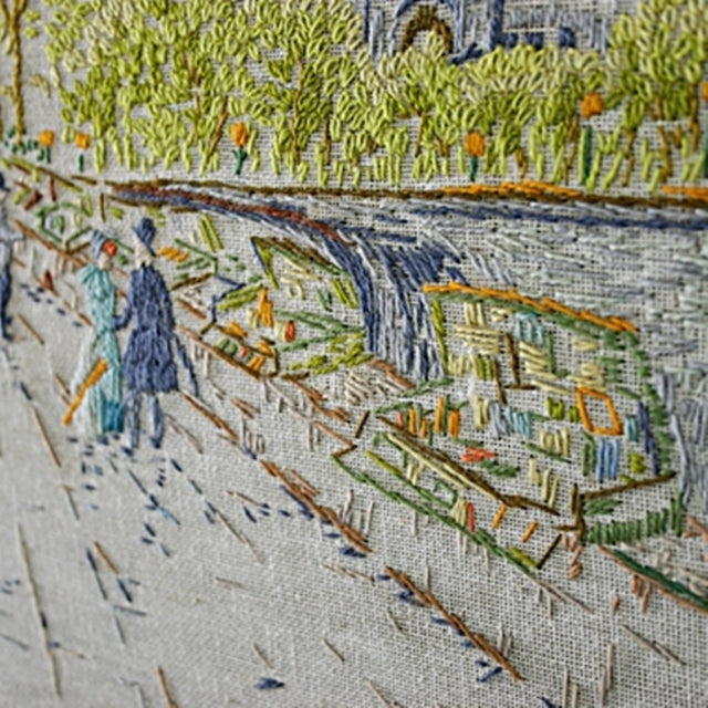 Detailed embroidery of European market street at turn of century, Susan Carlson of Felted Button | Colorful Crochet Patterns