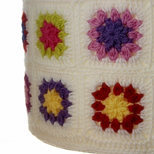 Colorful crochet granny squares with white background as lamp shade cover, by Susan Carlson of Felted Button | Colorful Crochet Patterns
