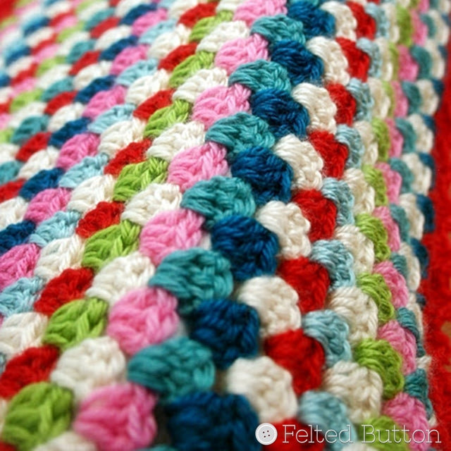 Granny stripe stitch pattern in turqoises, red, pink, green and white, Susan Carlson of Felted Button | Colorful Crochet Patterns