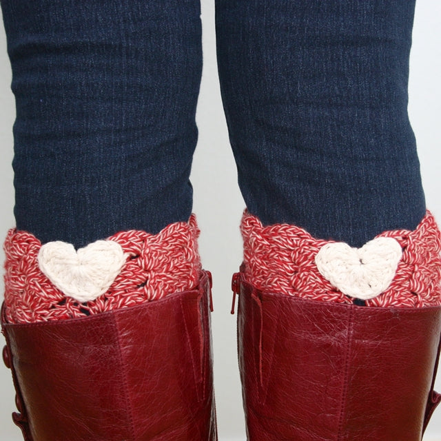 I Heart Boot Cuffs, White hearts on red boot cuffs in red boots, free crochet pattern by Susan Carlson of Felted Button | Colorful Crochet Patterns