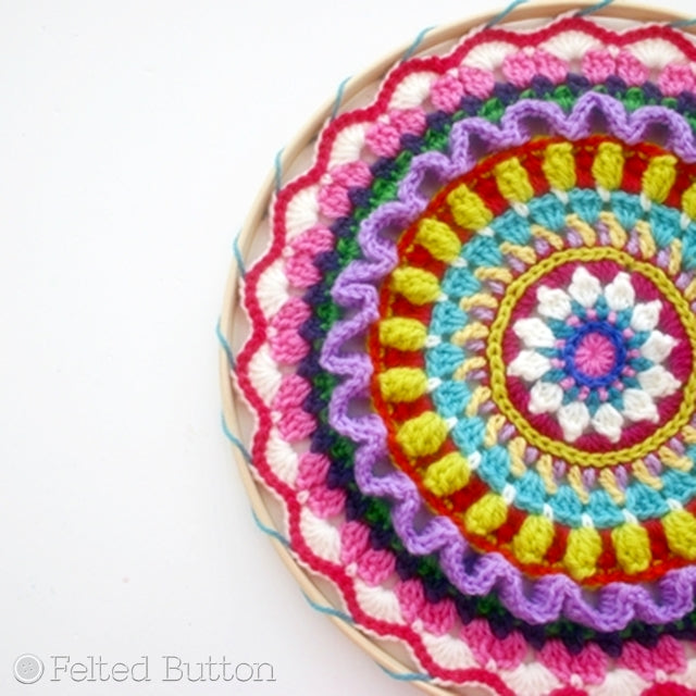 Crochet mandala, colorful in embroidery hoop, Susan Carlson of Felted Button | Colorful Crochet Patterns