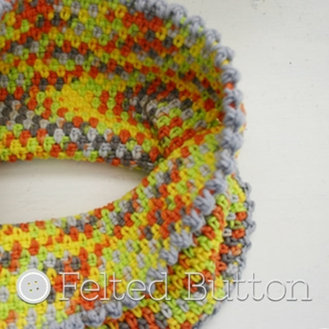 Yellow and orange and grey linen stitch cowl, moss stitch in variegated yarn, Susan Carlson of Felted Button | Colorful Crochet Patterns