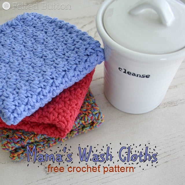 Mama's Wash Cloths free crochet pattern, blue red and rainbow cloths, crocheted by Susan Carlson of Felted Button | Colorful Crochet Patterns